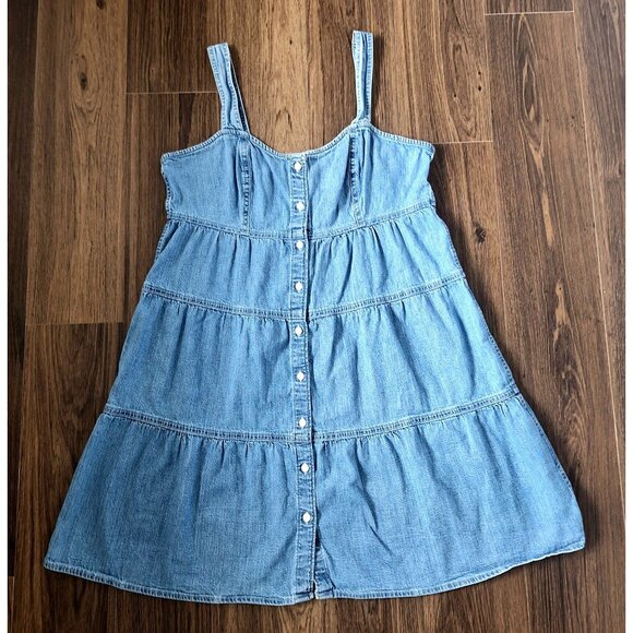 💙 Levi's Denim Jean Tiered Dress Size L 100% Cotton Western Coastal Cowgirl Cou - Picture 8 of 8